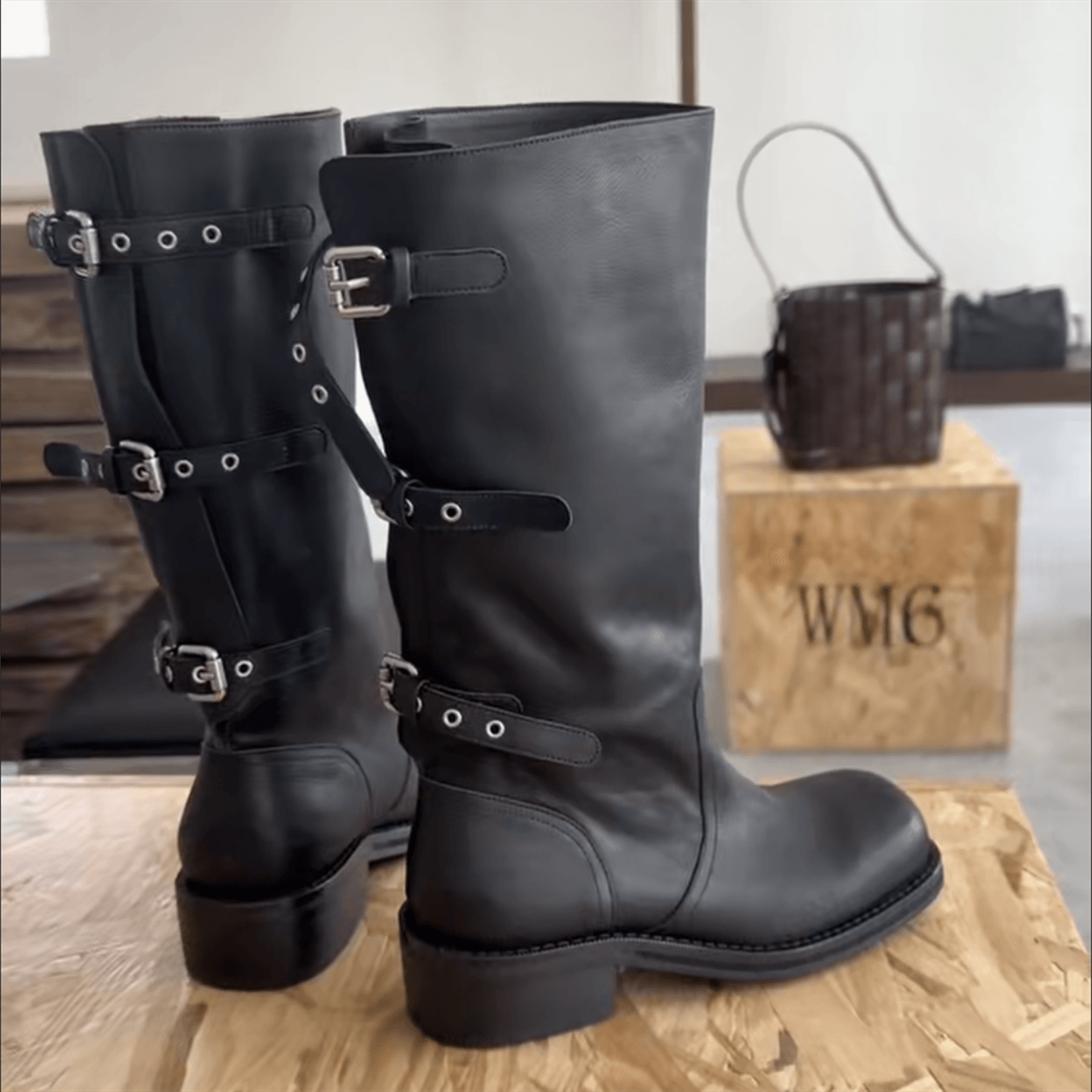 欧洲站真皮粗跟皮带扣机车马丁靴