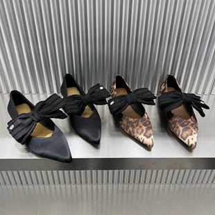欧洲站真皮女鞋2026春款欧货尖头蝴蝶结缎面低跟浅口鞋单鞋奶奶鞋