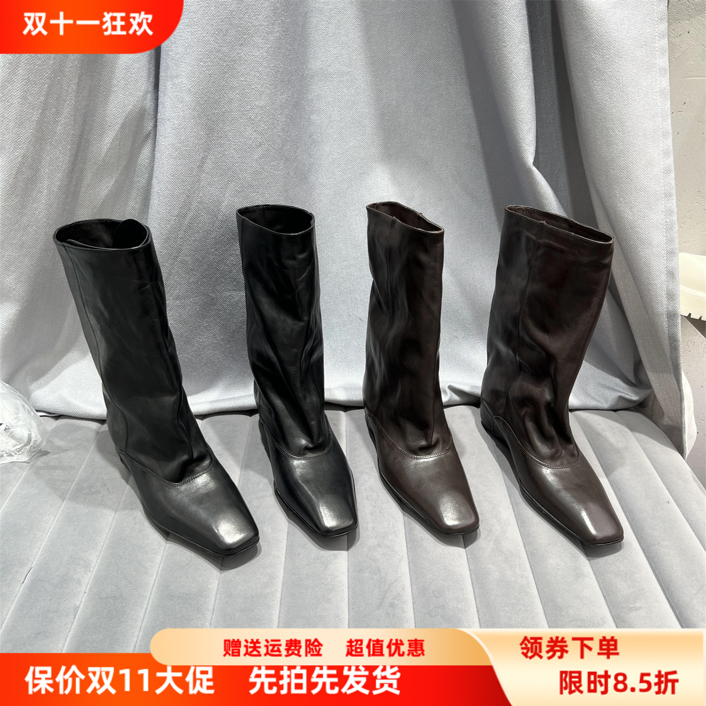 欧洲站乐魔女靴2025秋冬新款欧货真皮方头内增高全皮马丁靴中筒靴