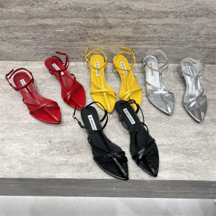 欧洲站女2025夏新款欧货真皮尖头镂空罗马鞋一字带中跟度假风凉鞋