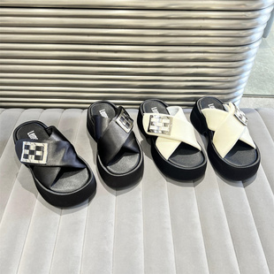 欧洲站女鞋2026夏新款欧货真皮交叉带厚底增高一字拖露趾凉拖鞋潮