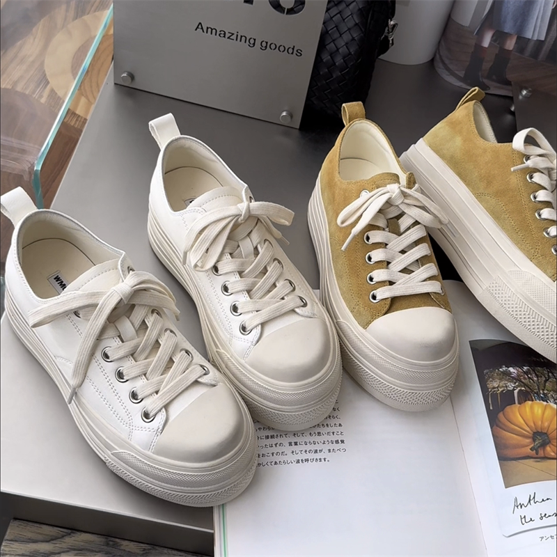 WM6女鞋2026春新款欧货真皮系带厚底做旧运动鞋松糕底休闲板鞋潮