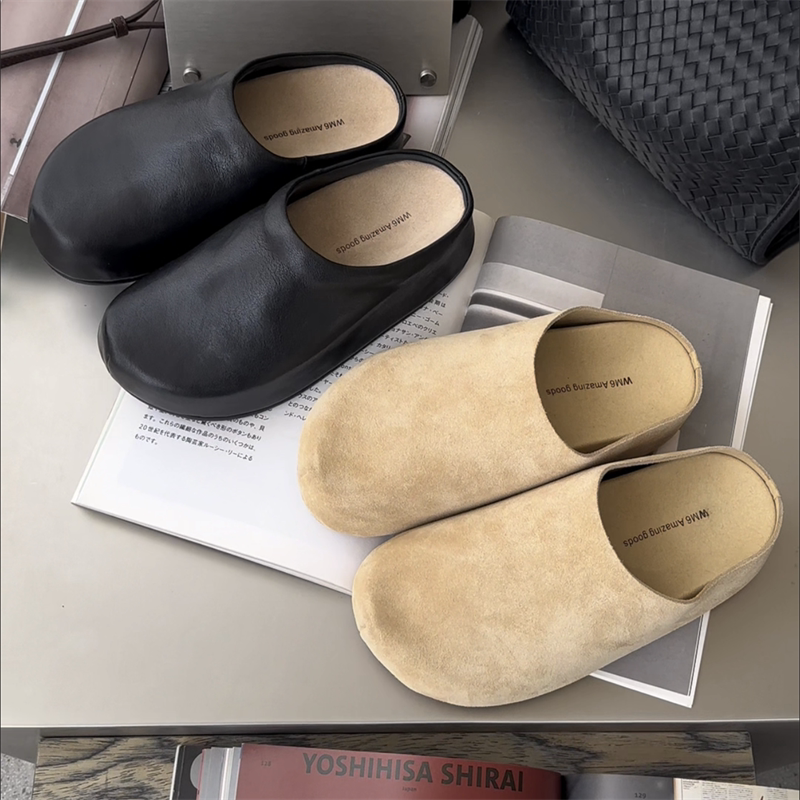 WM6女鞋2026春新款欧货真皮厚底百搭勃肯半拖鞋松糕懒人包头拖鞋