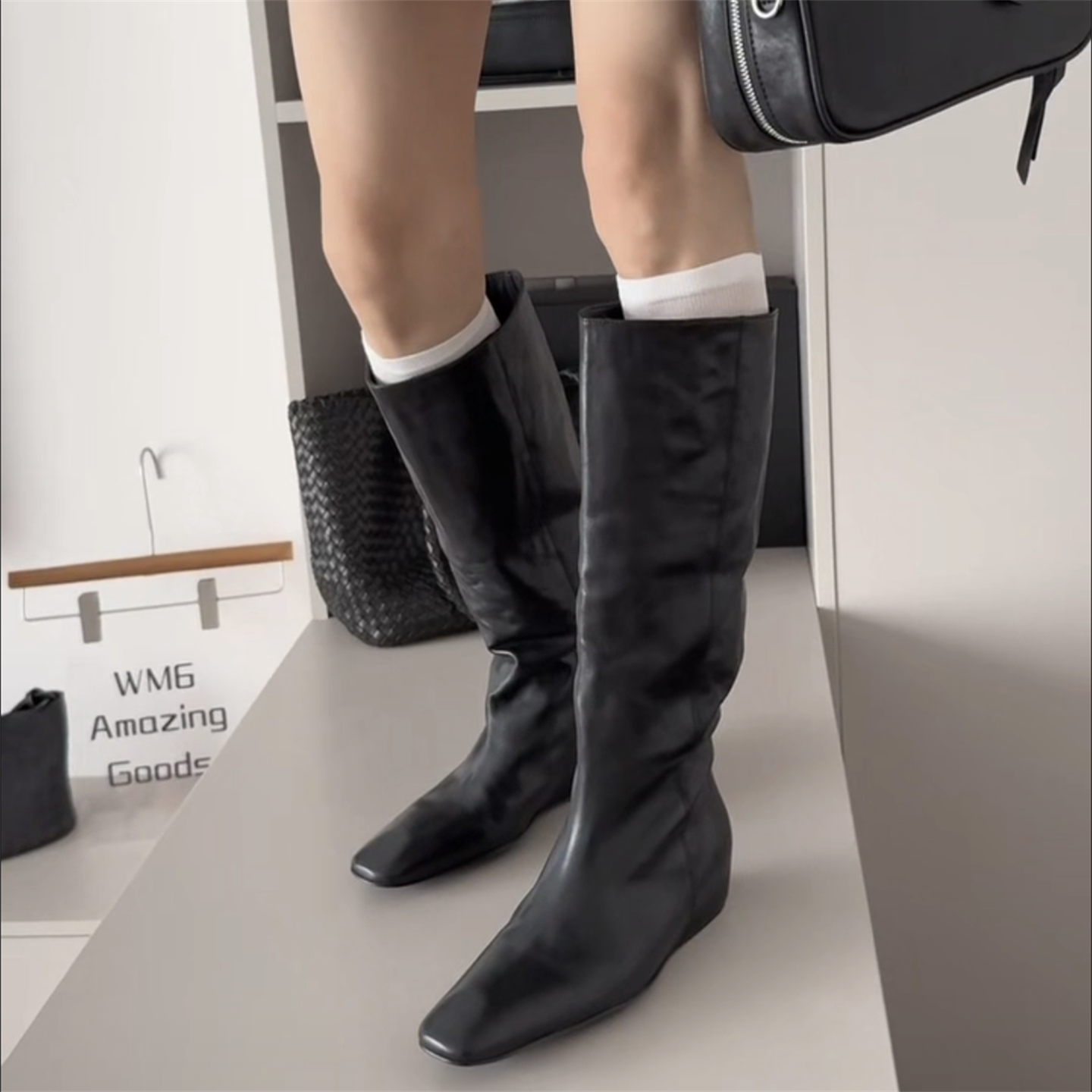 欧洲站真皮休闲坡跟套筒高筒靴潮