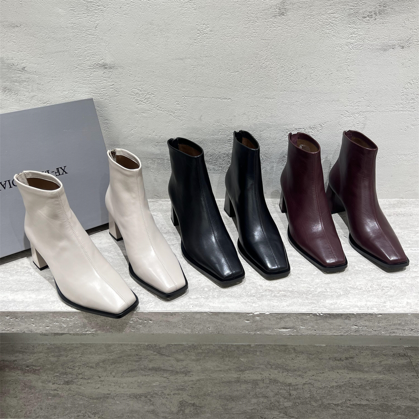 真皮胎牛皮高跟后拉链短靴马丁靴