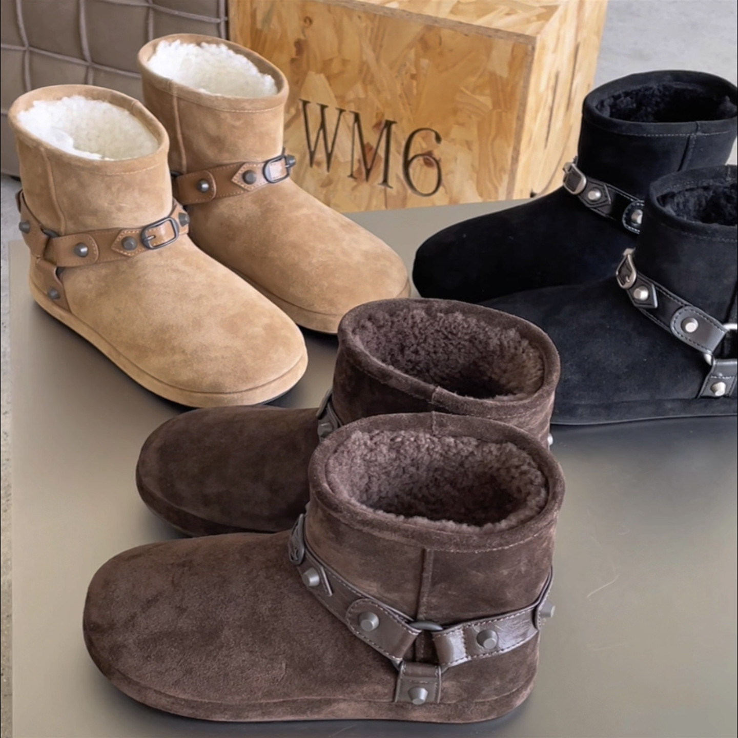 欧洲站圆头磨砂皮羊毛套筒雪地靴