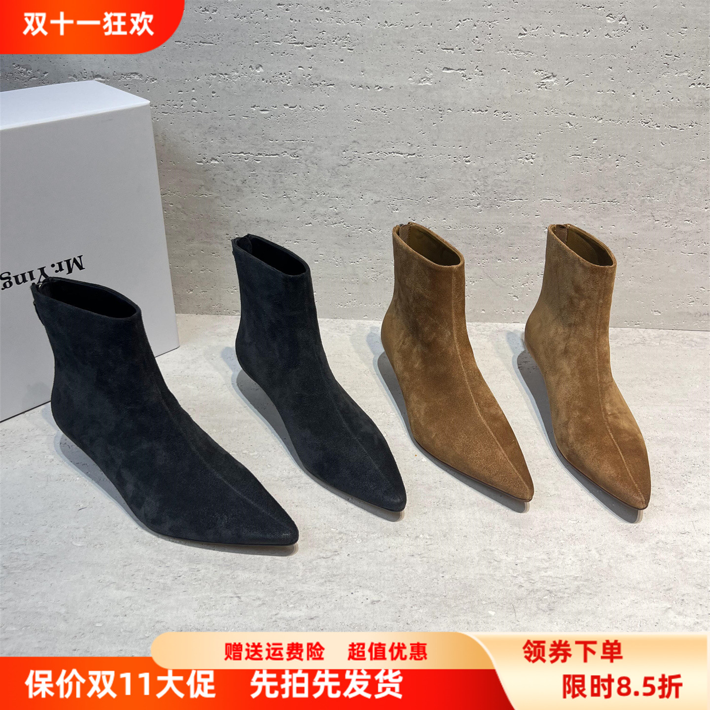 欧货真皮细高跟后拉链短靴马丁靴