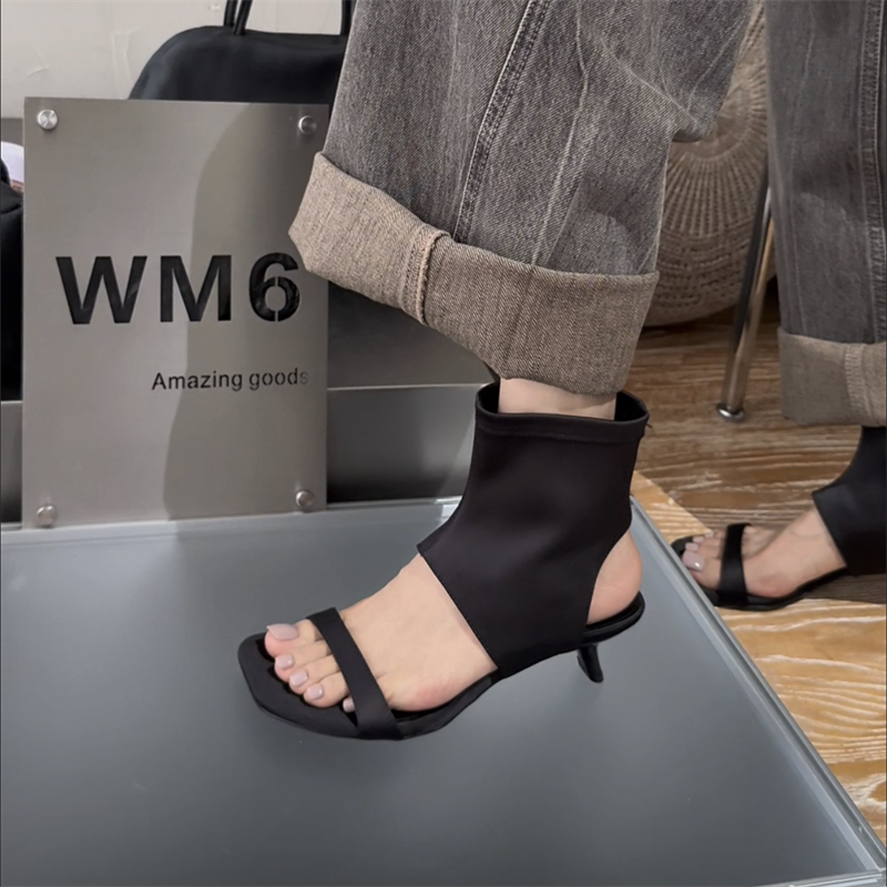 wm6真皮莱卡布高跟露趾凉鞋凉靴