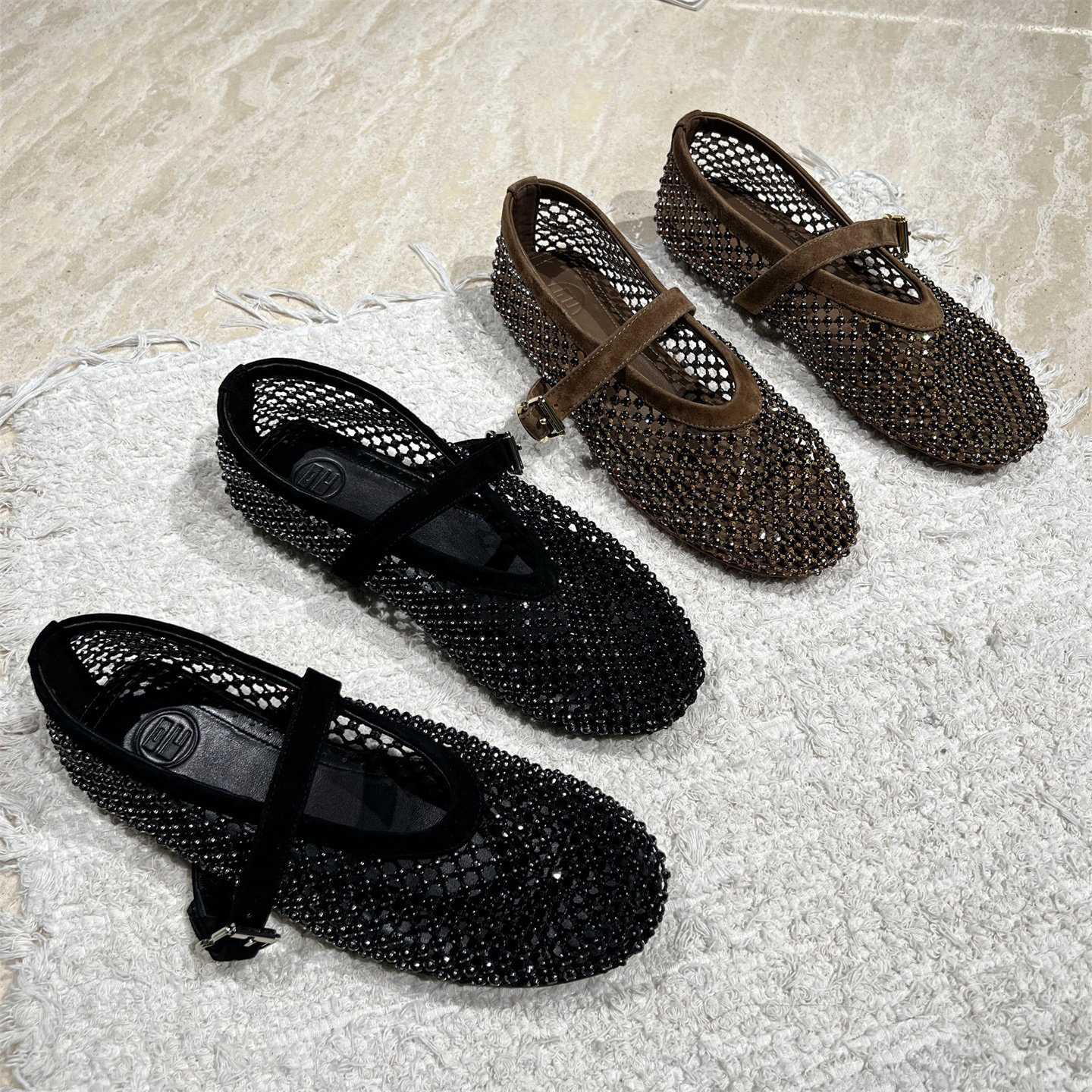 欧洲站女2026春新款欧货真皮一字带网面水钻平底浅口单鞋玛丽珍鞋,女鞋,玛丽珍鞋,淘宝优惠券,粉丝福利购,淘宝优惠卷