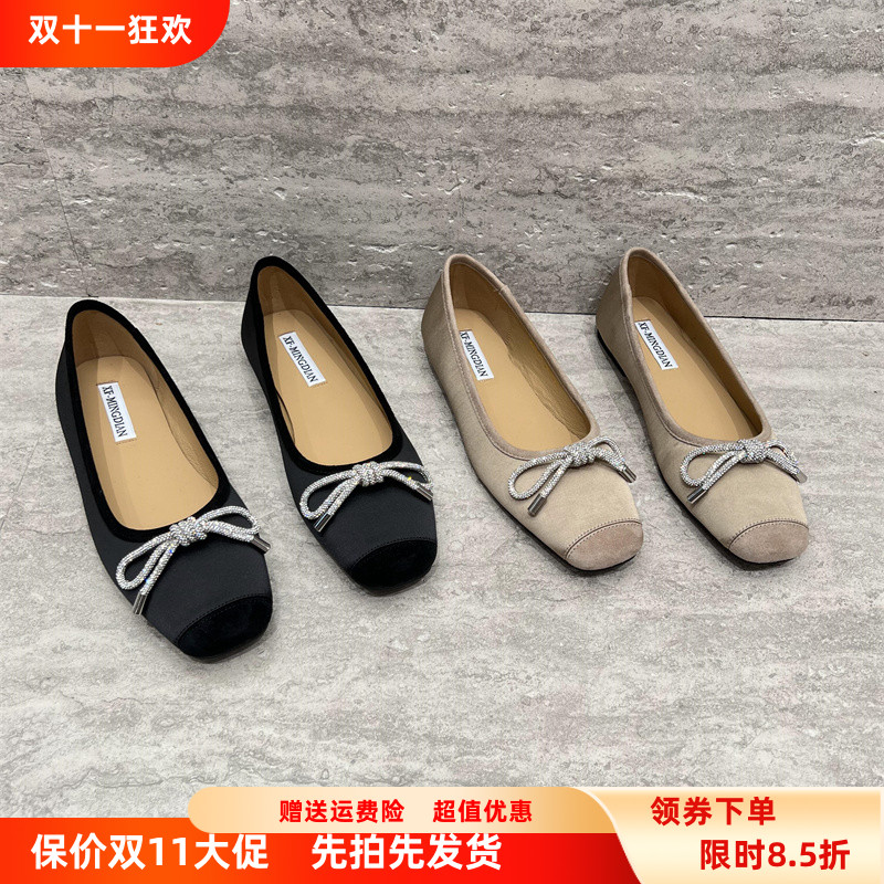 真皮沙丁布蝴蝶结浅口单鞋奶奶鞋