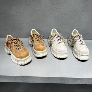 欧洲站女鞋2026春新款欧货真皮系带厚底增高休闲运动鞋松糕底板鞋