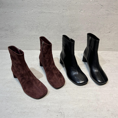 真皮方头时装高跟短靴马丁靴欧货