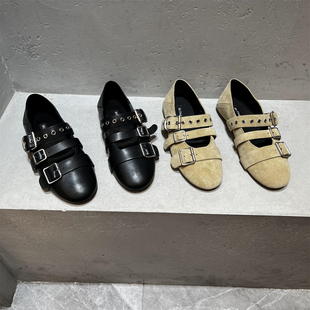 玛丽珍鞋 欧货真皮圆头皮带扣平底浅口单鞋 潮 2026春新款 欧洲站女鞋