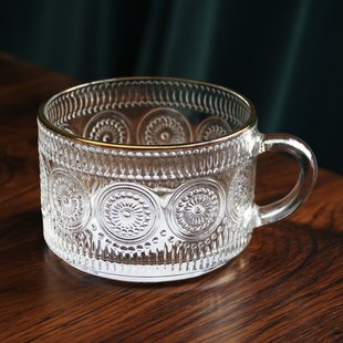 复古浮雕早餐玻璃杯金边太阳花牛奶杯水杯燕麦杯果汁杯咖啡杯 欧式