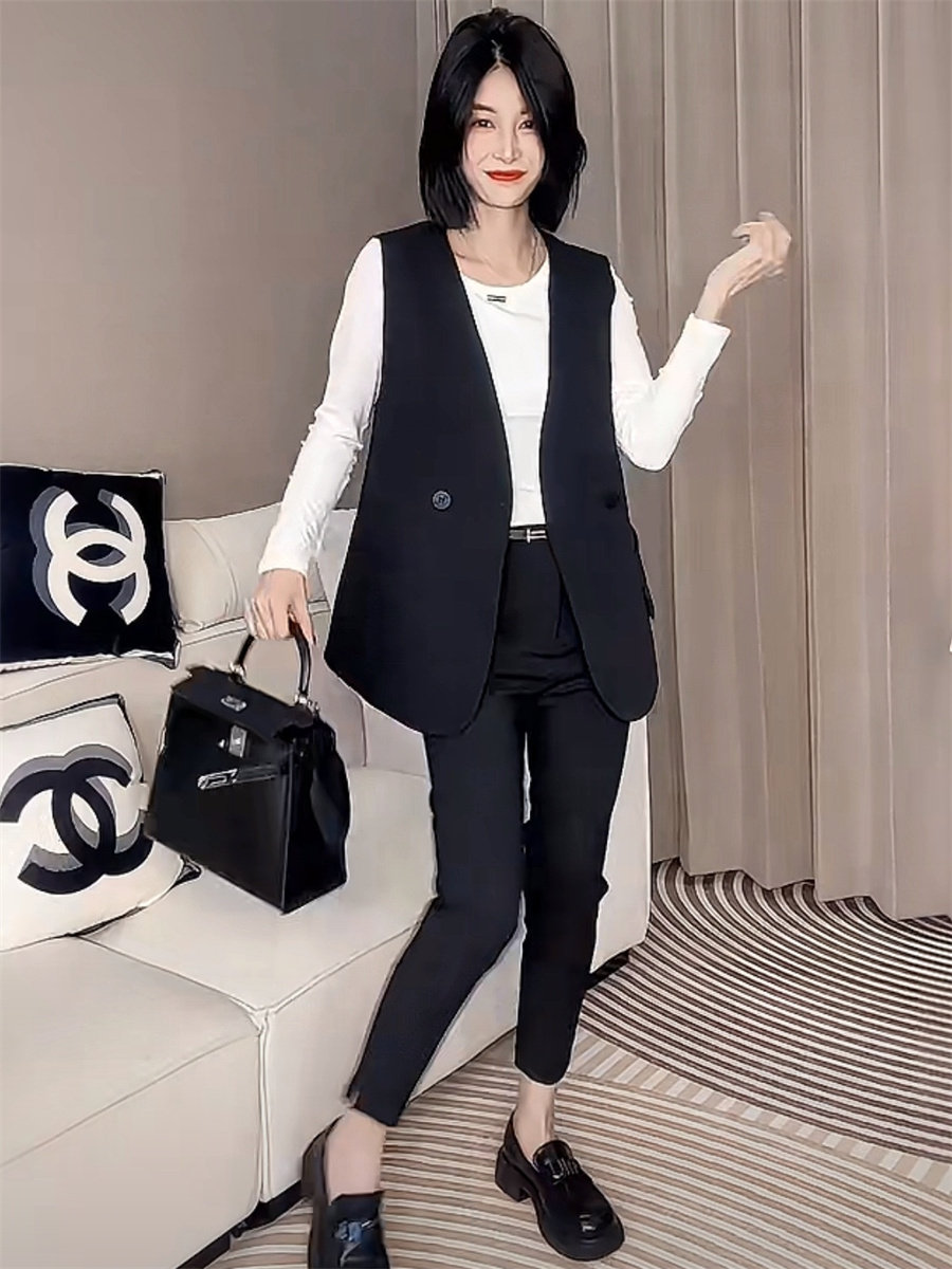 韩版中长款西装马夹女2025春季新款百搭宽松显瘦无袖V领坎肩马甲