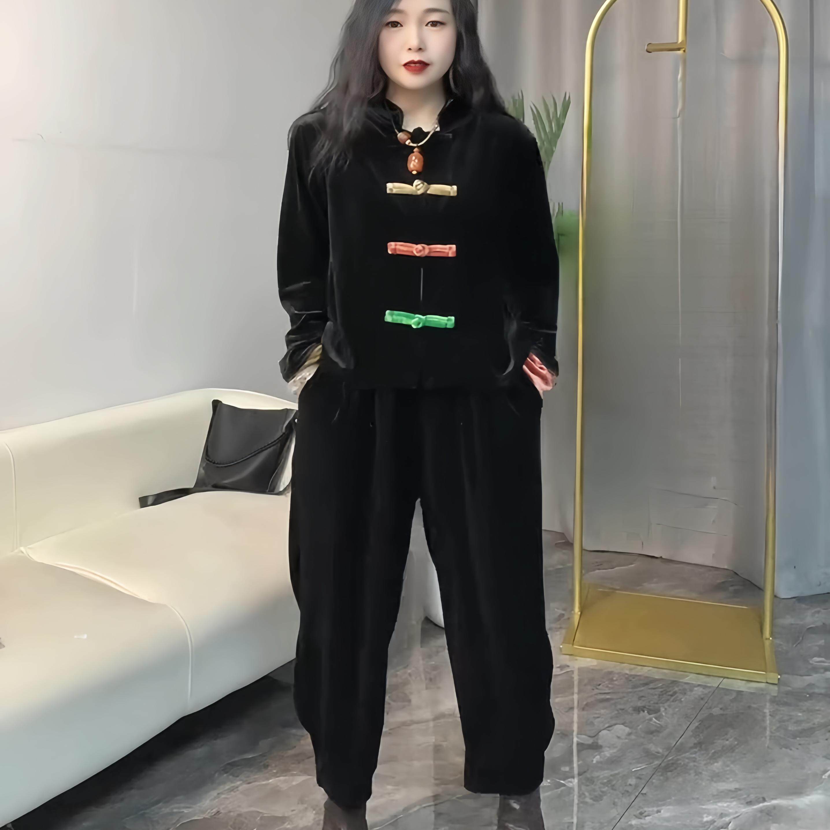 复古民族风彩扣长袖外套哈伦裤丝绒套装女秋季新款高级感两件套潮