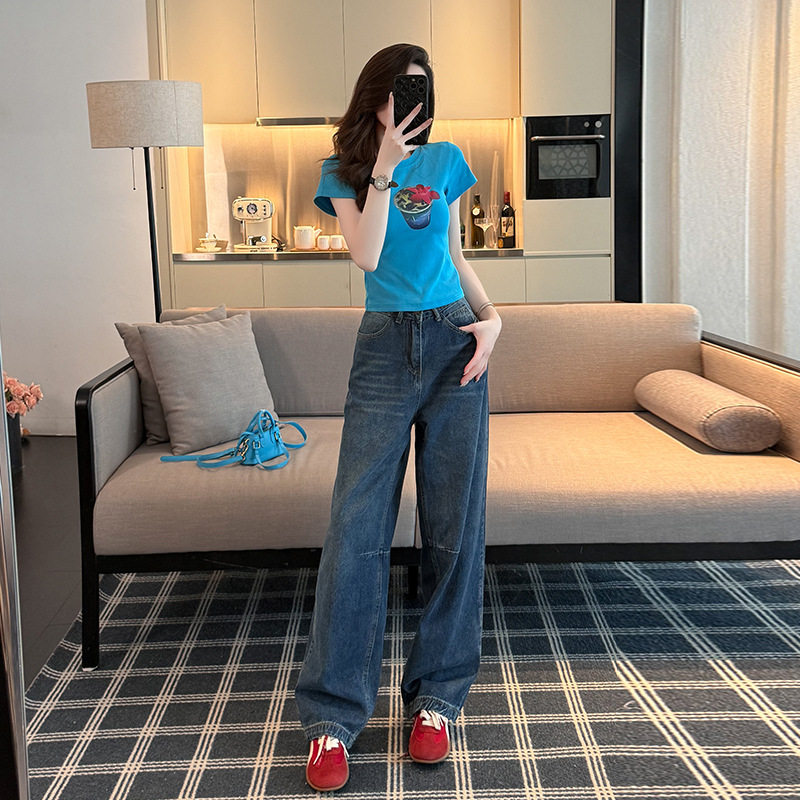 2026夏新款复古阔腿牛仔裤印花T恤梨形身材显高显瘦休闲两件套装