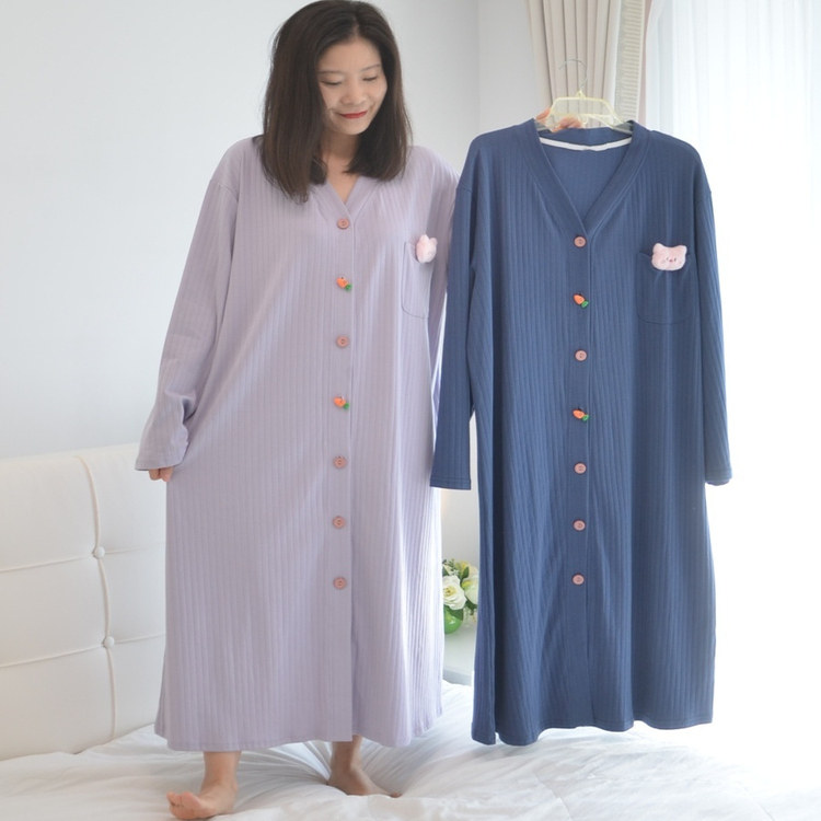 260斤孕产妇超长款加大码V领开衫睡裙女胖MM春秋纯棉长袖睡袍睡