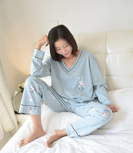 纯棉胖MM家居服套装 200斤加肥大码 长裤 V领卡通兔兔睡衣女秋季 长袖