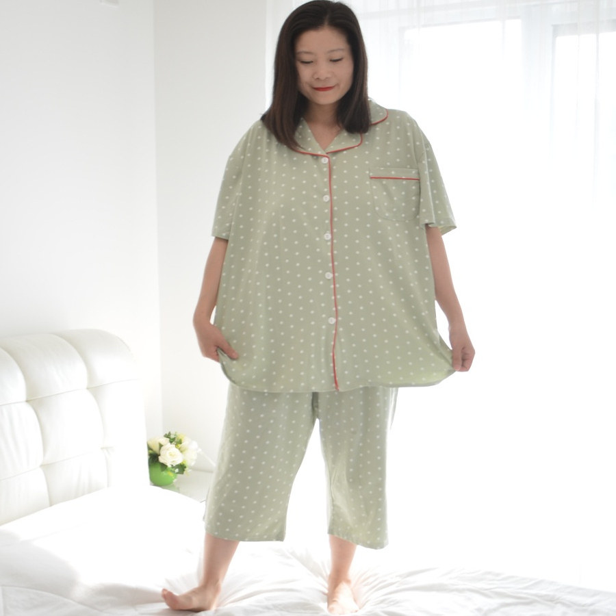 200斤加肥大码短袖七分裤带胸垫睡衣女胖MM夏季莫代尔开衫家居服