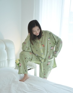 200斤家居服套装 V领开衫 加肥加大码 纯棉睡衣女胖MM春秋长袖 长裤