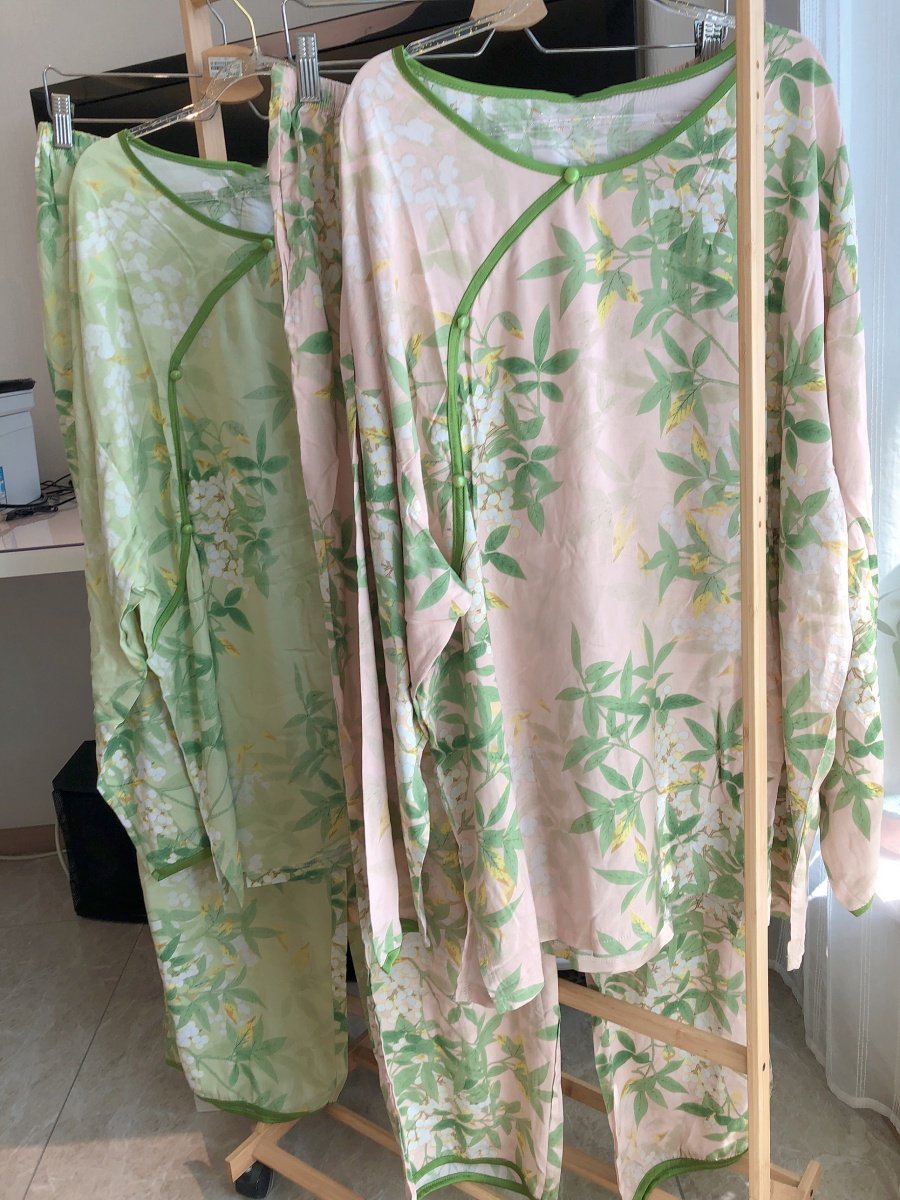 200斤加肥大码复古国风睡衣女胖MM秋薄款棉绸长袖长裤树叶家居服