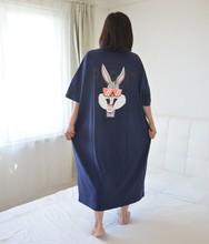韩版加大码卡通兔兔睡裙女夏季短袖加长款针织纯棉胖MM孕妇睡衣