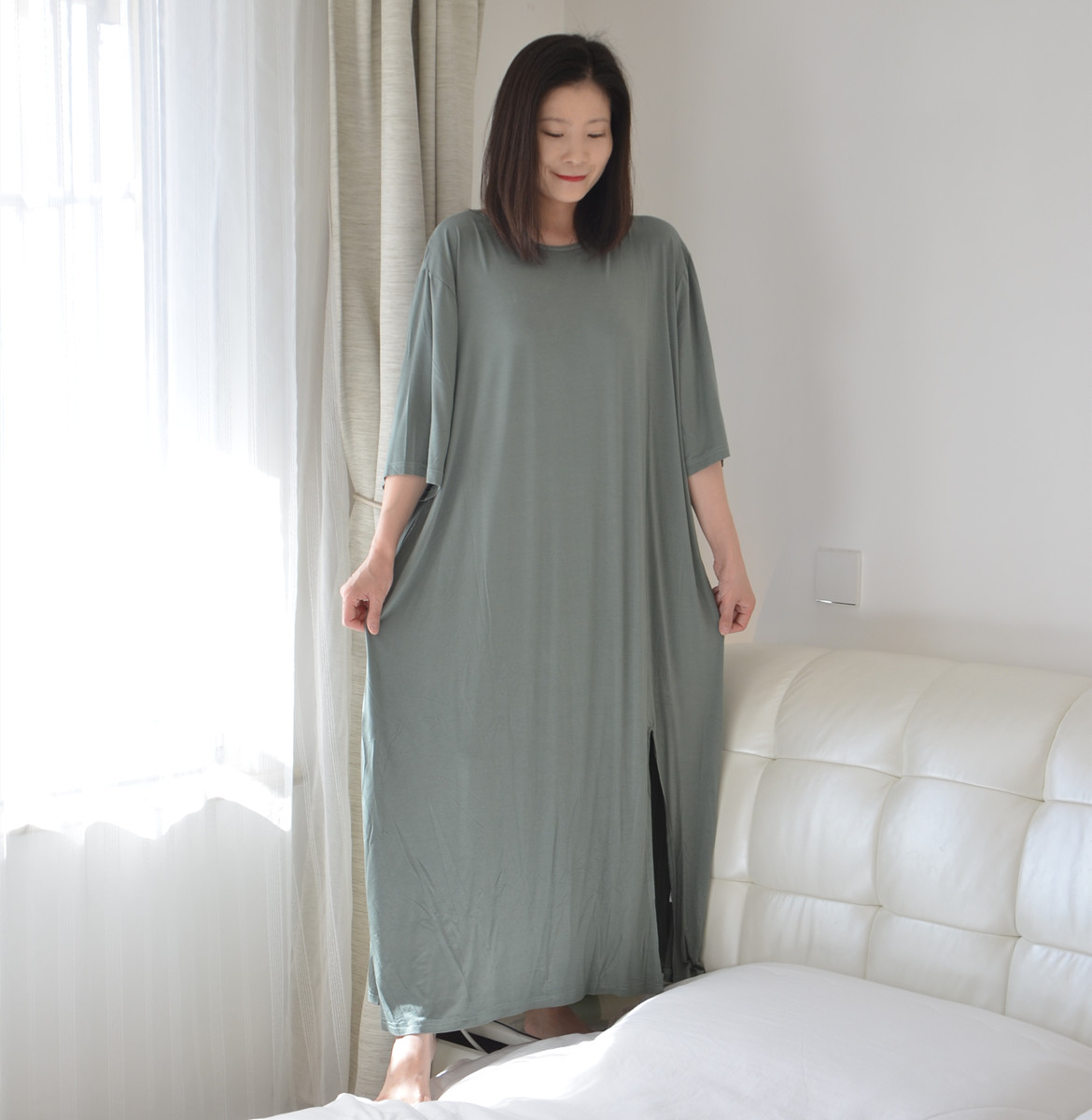 200斤加肥加大码露背开衩睡裙女胖MM夏季短袖长款莫代尔性感睡衣