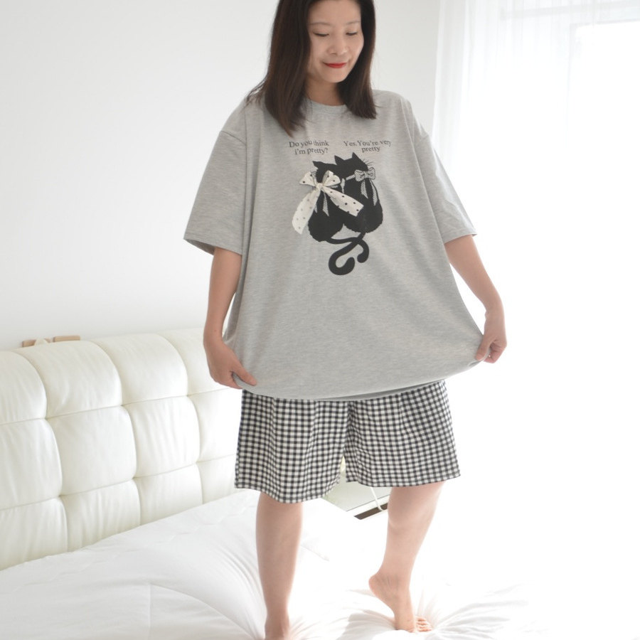 260斤加肥加大码卡通猫咪睡衣女胖MM夏季纯棉短袖短裤休闲家居服