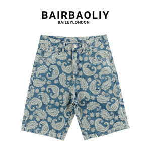 BAIRBAOLIY轻奢大牌质感高奢提花牛仔中裤春夏满印休闲百搭短裤潮