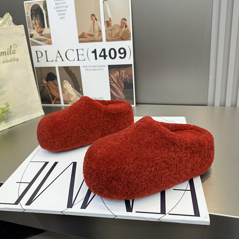 甜美红色羊毛棉拖包头拖鞋女外穿