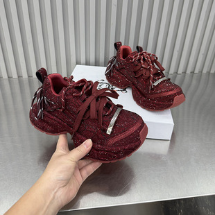 女增高炸街老爹鞋 红色亮片满钻红色厚底松糕鞋 1455 新款 2026春季