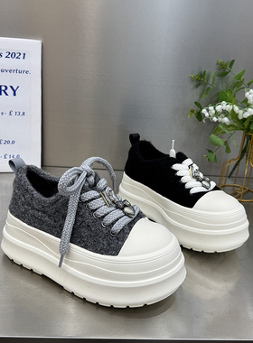 2025新款毛呢休闲丑萌大头单鞋女小个子厚底增高松糕鞋女9027-02