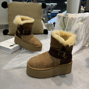 冬季 新加厚中筒靴皮带扣皮毛一体潮增高厚底羊毛雪地靴女短靴1415