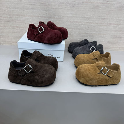 反绒皮勃肯鞋女2026春季真皮乐福鞋新款百搭休闲圆头搭扣单鞋18-7