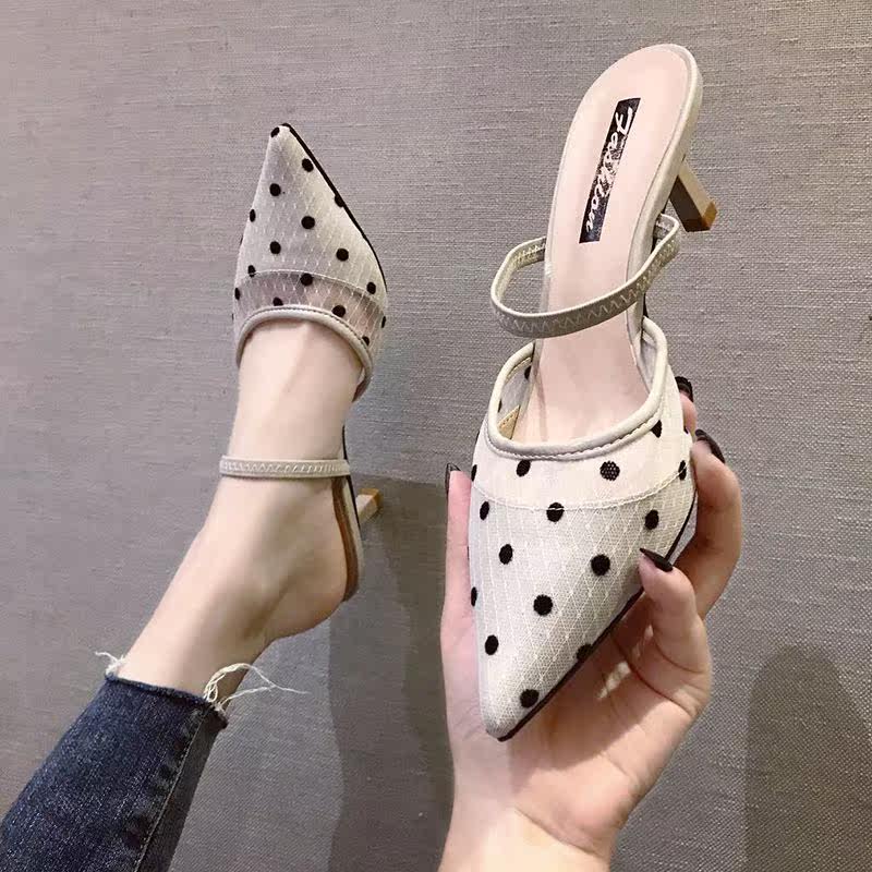 高跟鞋女鞋2019新款細跟穆勒鞋波點網紗包頭半拖鞋壹字帶外穿涼拖在類目 女鞋, 拖鞋中 - 來自Buy2taobao.com提供專業的淘寶代購服務