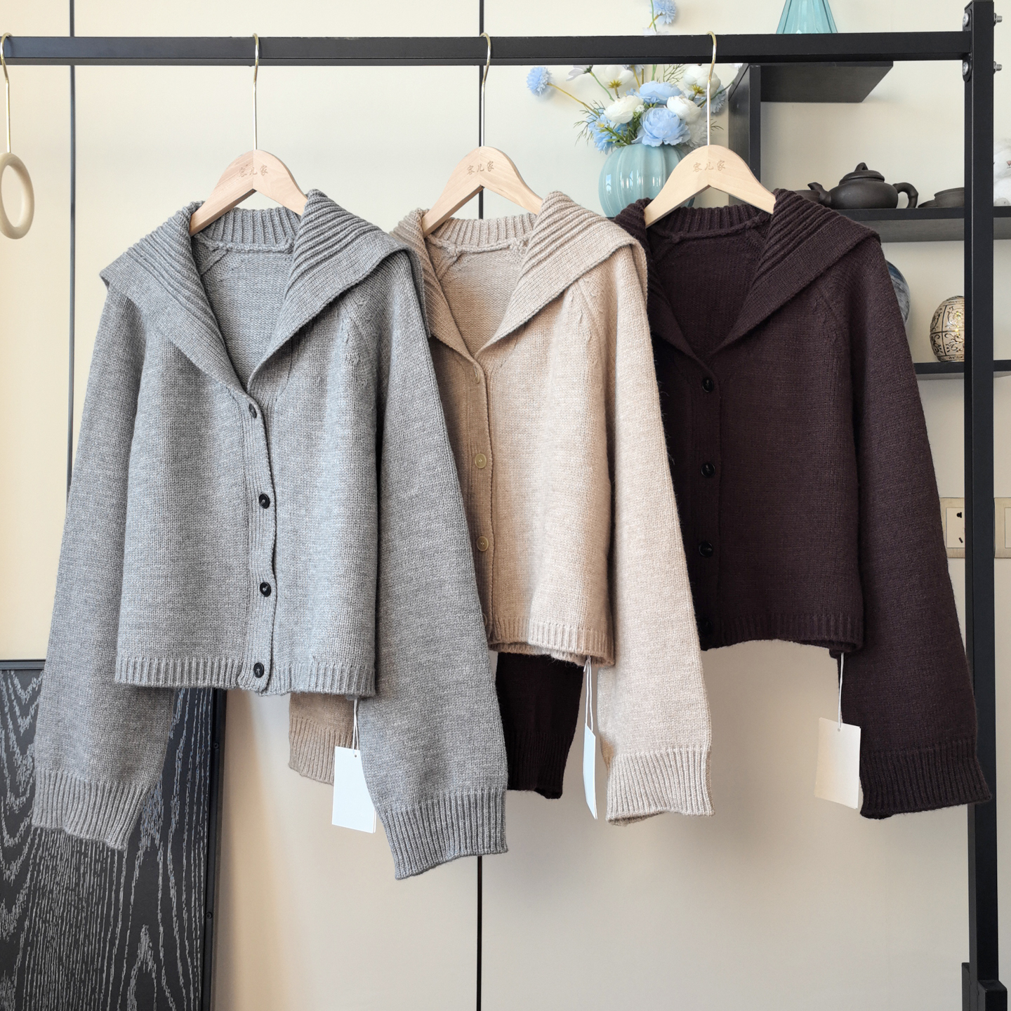 大翻领羊毛混纺针织开衫毛衣外套