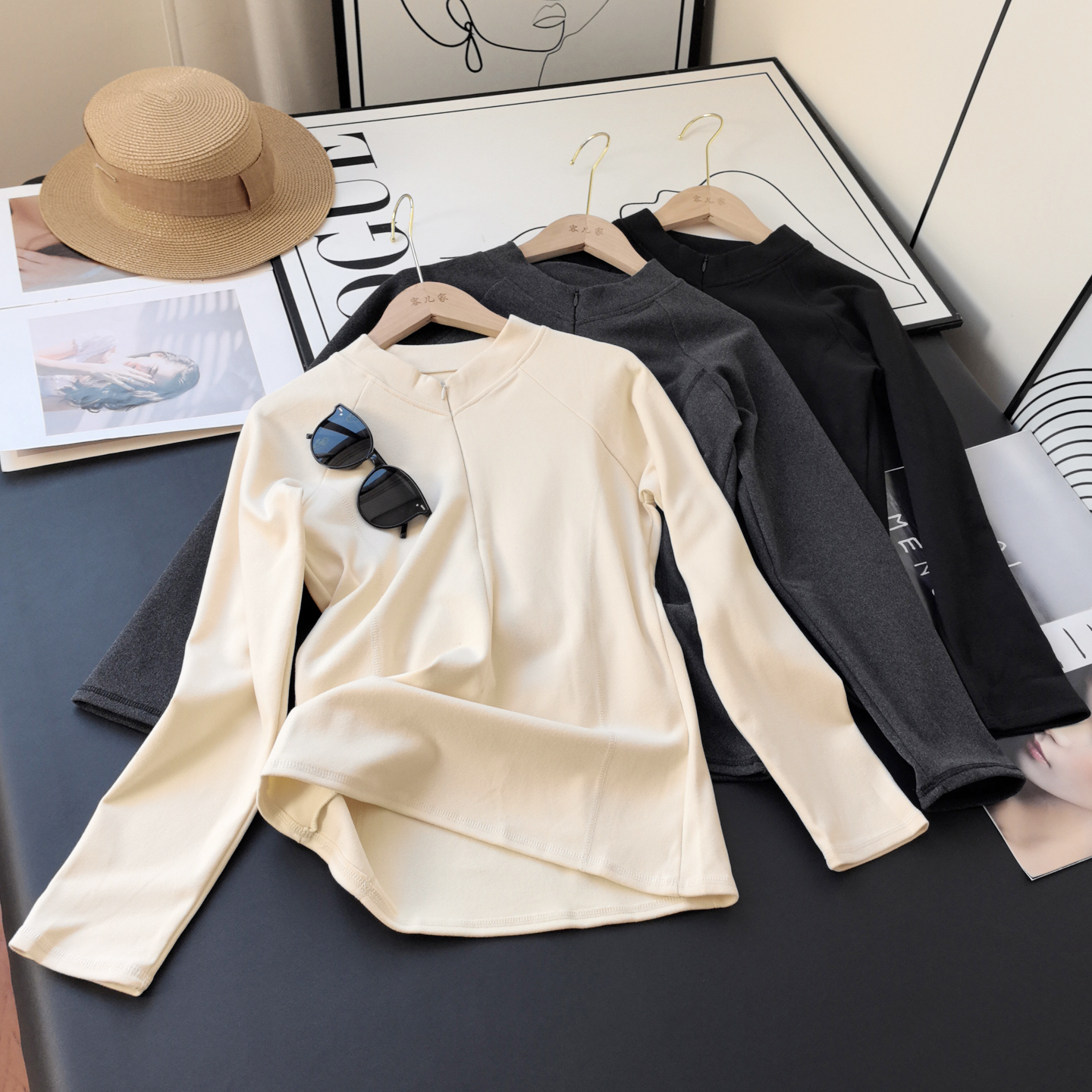 双面磨绒立领拉链半开襟打底衫