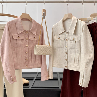 我的自留！简约时尚撞色明线翻领短款苎麻混纺夹克短外套女秋季