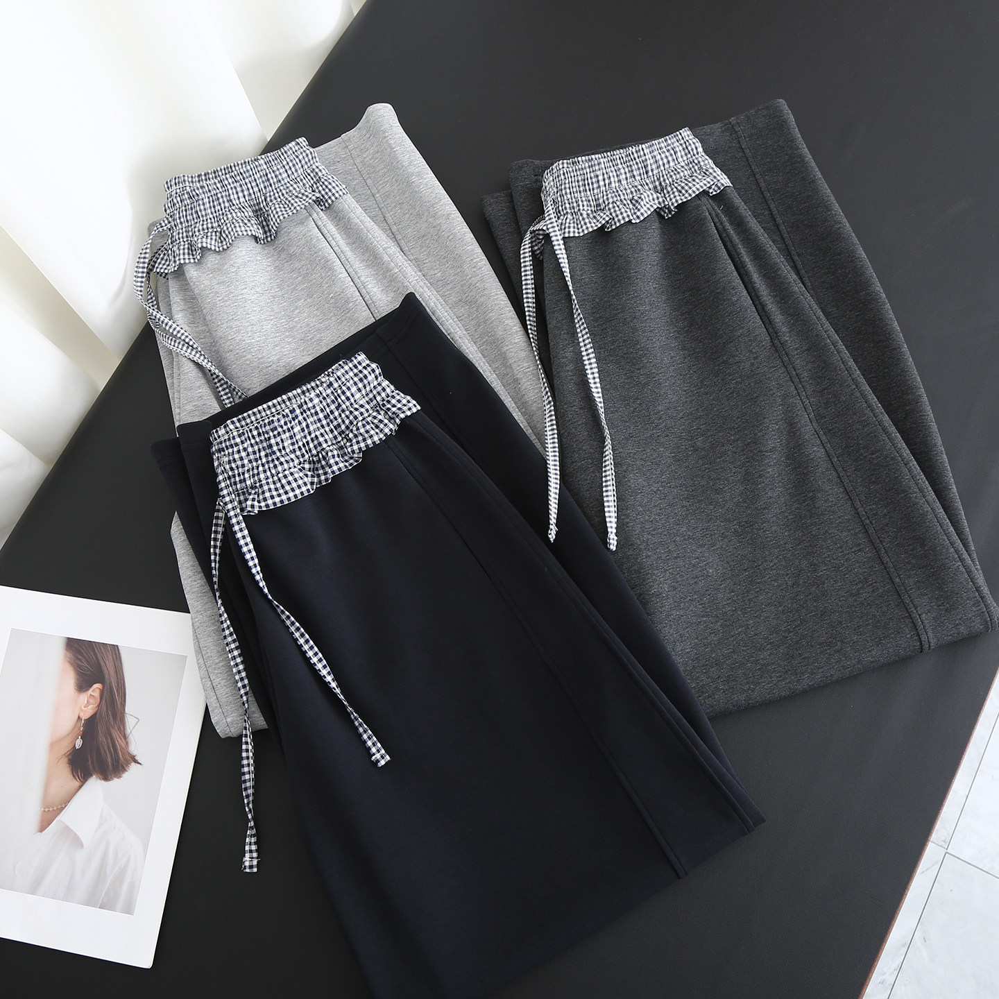 大厂订单！2026春季格纹撞色拼接抽绳松紧高腰显瘦弯刀裤休闲裤女,女装/女士精品,休闲裤,淘宝优惠券,粉丝福利购,淘宝优惠卷