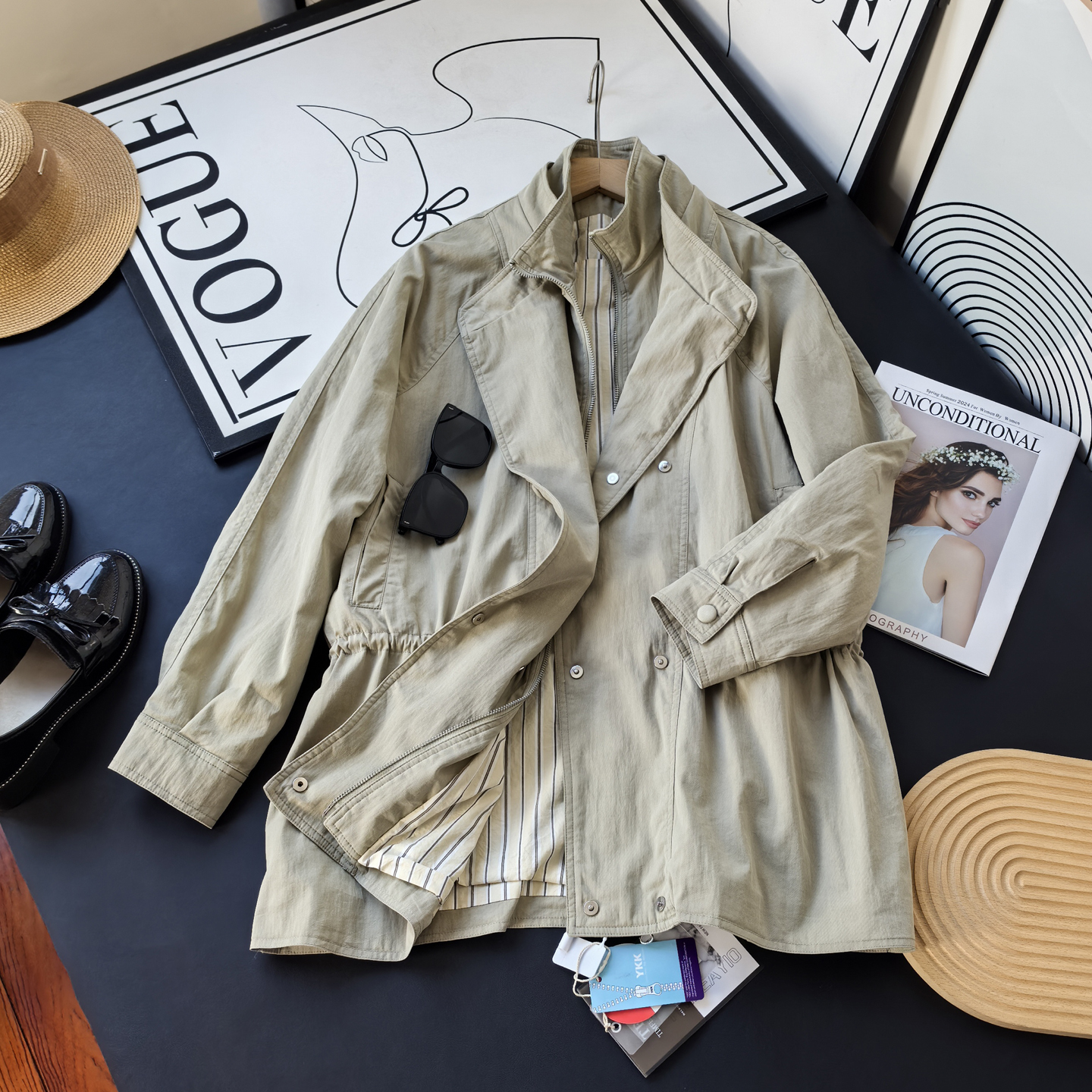 宽松直身假两件中长款风衣外套