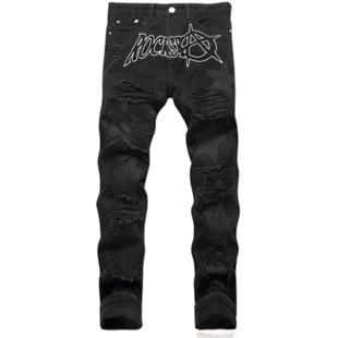 高街黑色破洞牛仔裤男款五角星补丁宽松直筒无弹百搭休闲长裤子潮