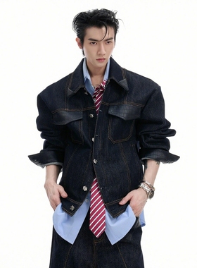 AguE CulurE墨痕*小众复古鳄鱼皮拼接原色牛仔套装短款牛仔外套潮