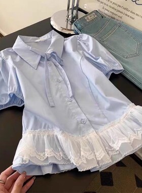 浅蓝色下摆纱网拼纯棉衬衫女短袖2025夏季大码宽松显瘦泡泡袖上衣