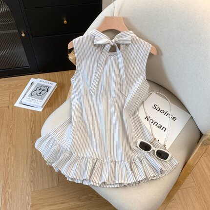 纯棉条纹无袖挂脖衬衫女2025夏新款蝴蝶结绑带木耳边裙摆宽松上衣