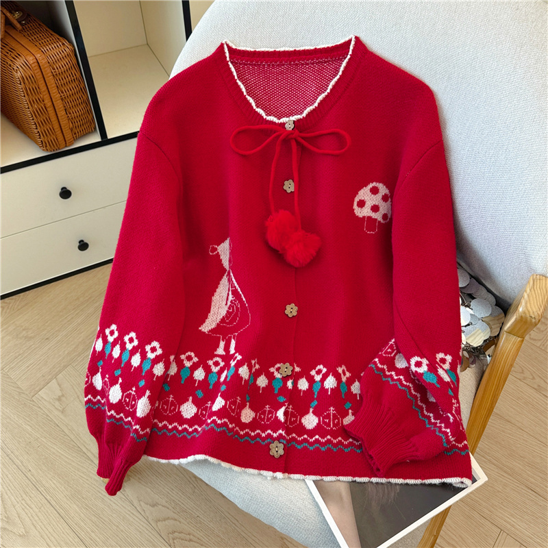 复古圣诞氛围感红色毛衣大码上衣