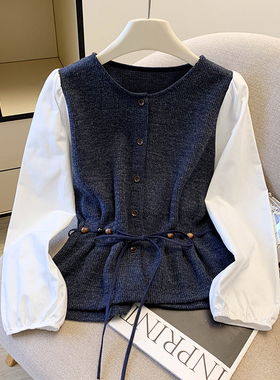 自留款推荐~蓝灰色假两件衬衫女长袖2025秋冬款收腰衬衣短款上衣