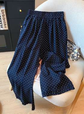 藏蓝色波点花边高腰亚麻阔腿裤女2025夏新款显瘦休闲九分裤直筒裤