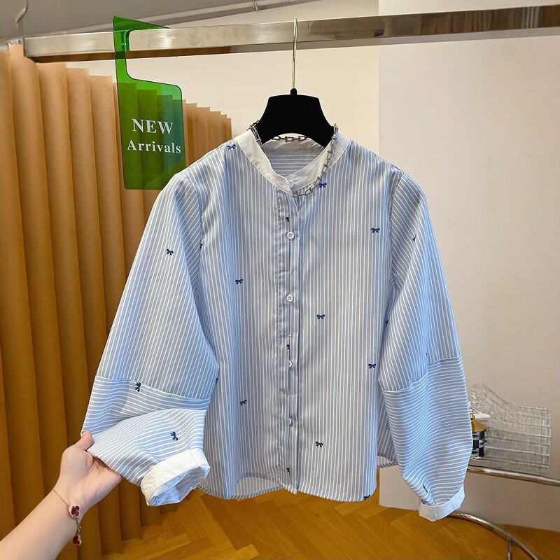蝴蝶结刺绣条纹撞色圆领纯棉衬衫女2025春夏新款宽松洋气长袖上衣
