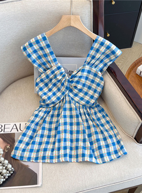 度假风蓝色格子v领交叉扭结背心女2025夏新款宽肩带无袖碎花上衣